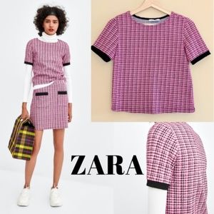Zara Black and Pink Tweed Short Sleeve Shirt SMALL
